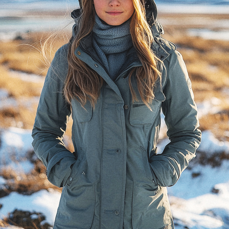 A close-up of a person wearing a gray parka and scarf, standing outdoors in a cold, snowy landscape, hands in pockets.