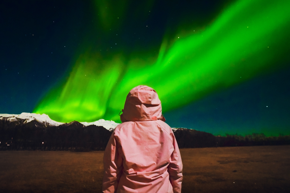 A person in a pink jacket stands under a vibrant green aurora borealis in the night sky, with snowy mountains faintly visible in the distance.