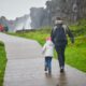 parent and child dressed in winter clothing walking along a pathway in iceland headed to an iceland waterfall in the background. the grass around them is green.